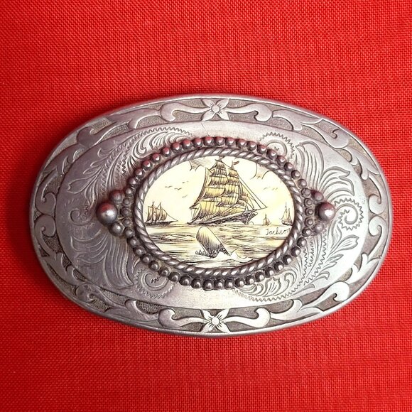 Belt Buckle Sailing Ship Boat Clipper Schooner Galleon Centerpiece Oval - Picture 1 of 9